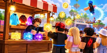 Blocky avatar selling glowing items and hoodies at a floating market stall to other avatars
