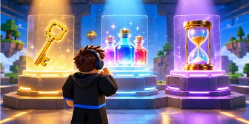 Blocky avatar comparing three glowing pedestals holding a golden key, potion bottles and an hourglass