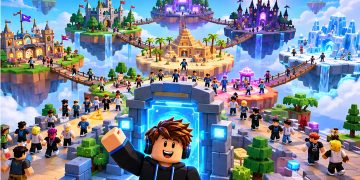 Hub of floating worlds connected by bridges with many blocky avatars and a glowing portal